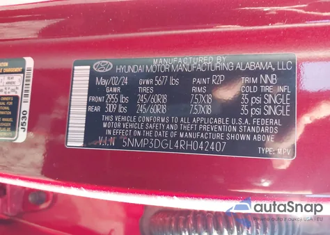 2024 Hyundai Santa Fe Xrt z USA, uszkodzony, nr VIN 5NMP3DGL4RH042407